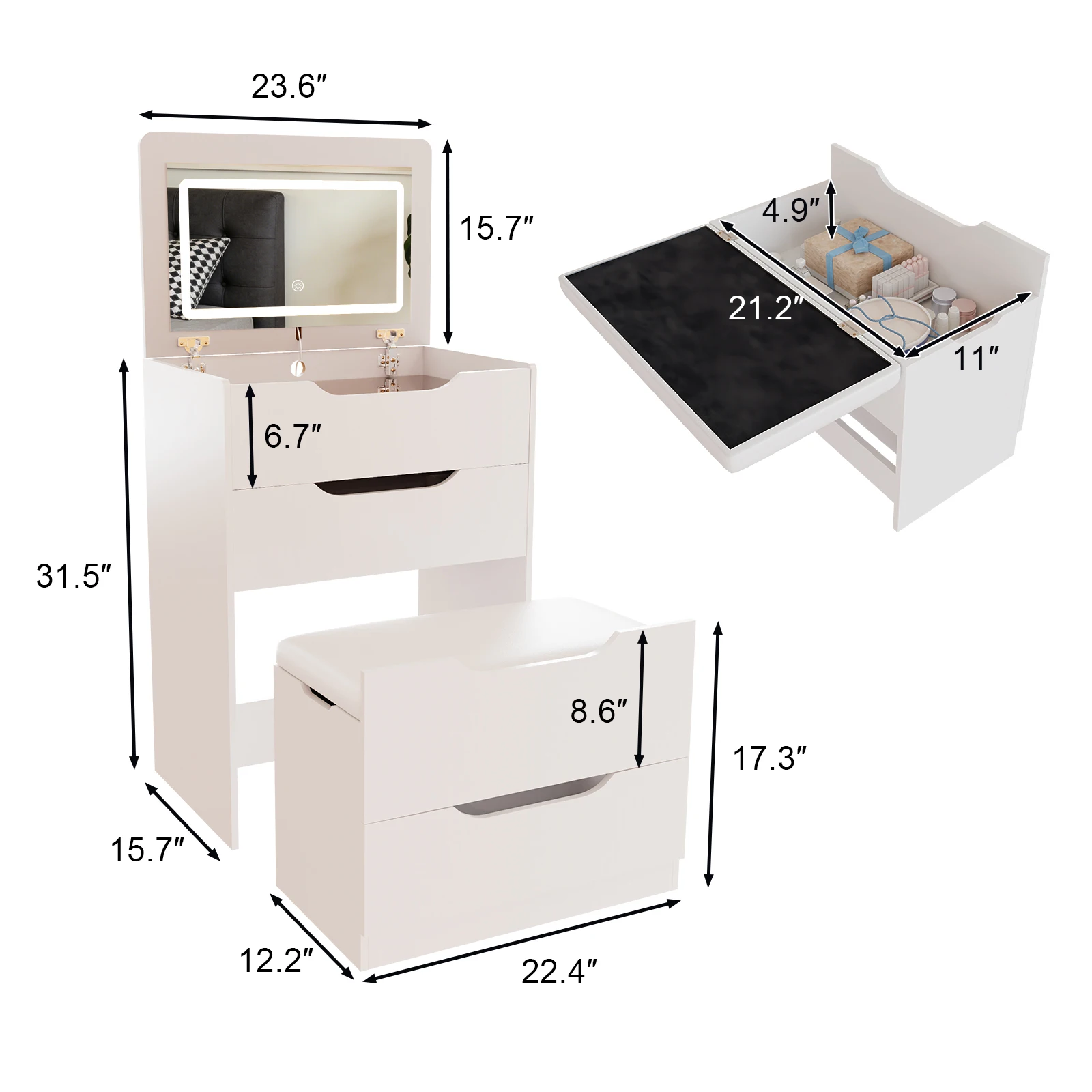 3 in 1 Hidden Vanity Desk with Flip Top LED Mirror, 3 Color Lighting, Compact Vanity with 3 Drawers, Glass Top & Hidden Storage Chair, Modern Small Dressing Table Nightstand for Bedroom, White