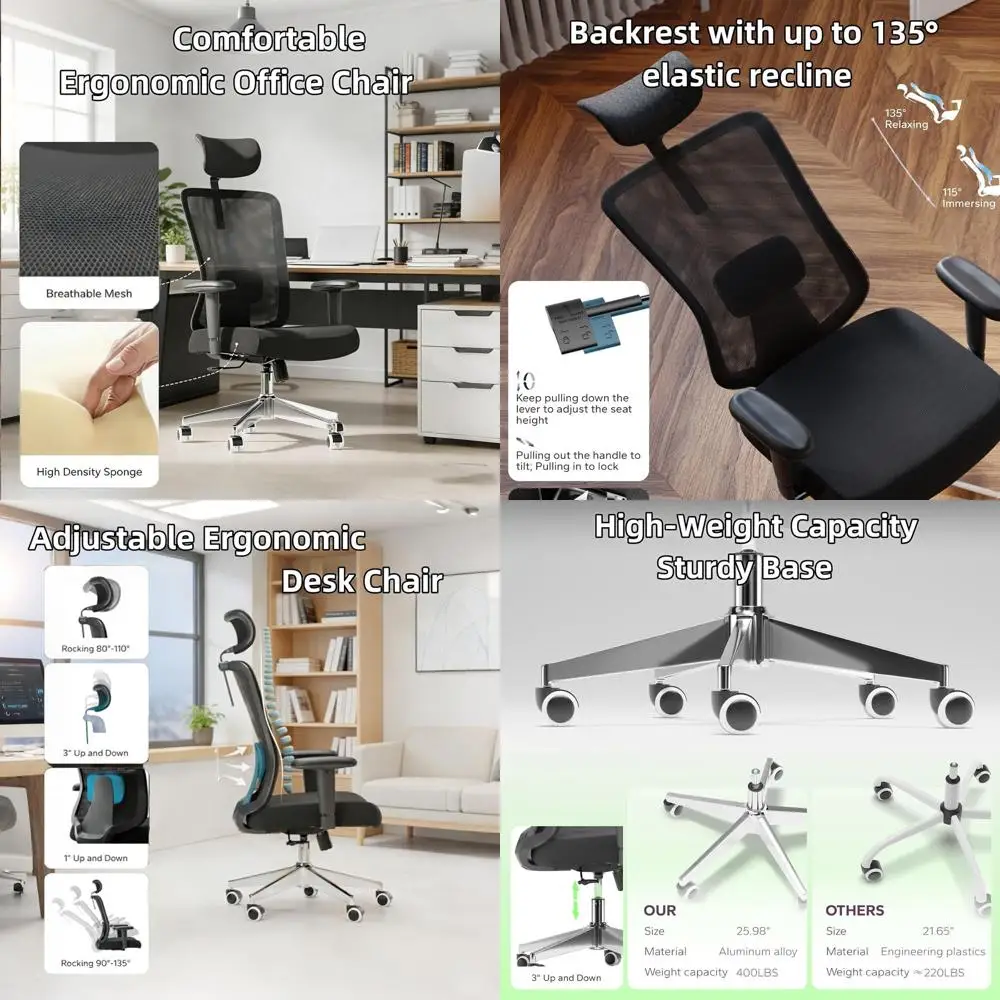 

Эргономичное офисное кресло с высокой спинкой и сетчатой обивкой, с функцией наклона на 90° ° -125 ° Наклон, 360° ° Поворотные и бесшумные колесики для домашнего офисного стола