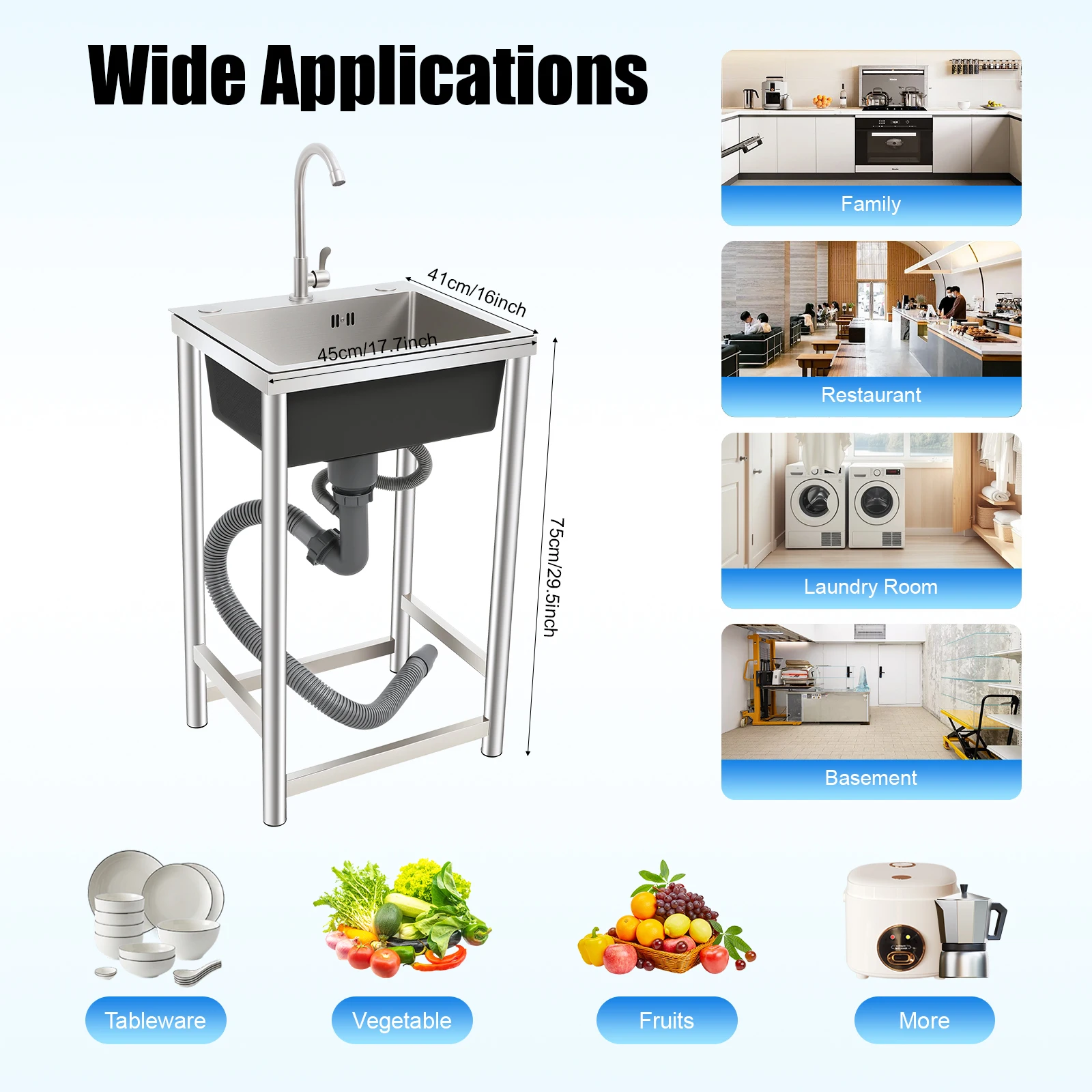 حوض مطبخ ستانلس ستيل وعاء واحد 18 بوصة مع صنبور، حوض صامت مصقول 304 للمطبخ، سهل التركيب