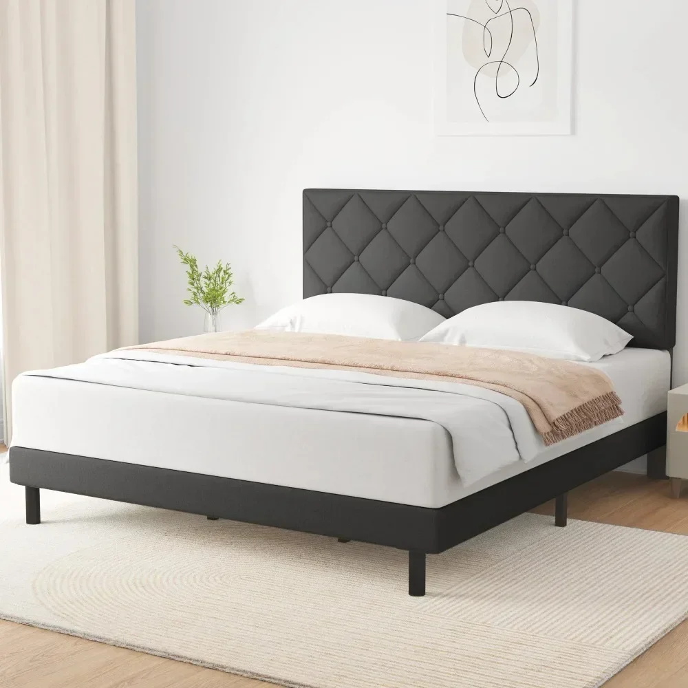 

Queen Bed, Queen Size bed Frame with Fabric Upholstered Headboard,Dark Grey, Easy Assembly