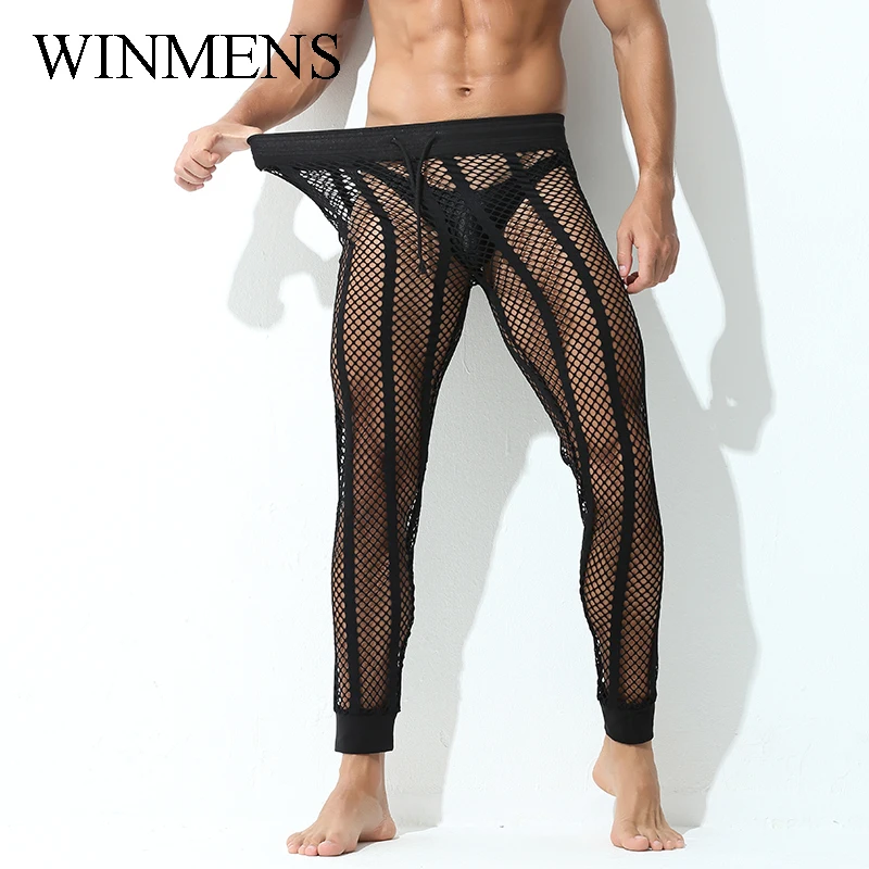 Erwachsene Herren Pyjamahose Ausschnitte Fischnetz Atmungsaktive Schlafhose Mesh Sehen Sie innen Sexy Fitness Bodybuilding Home Lounge Wear