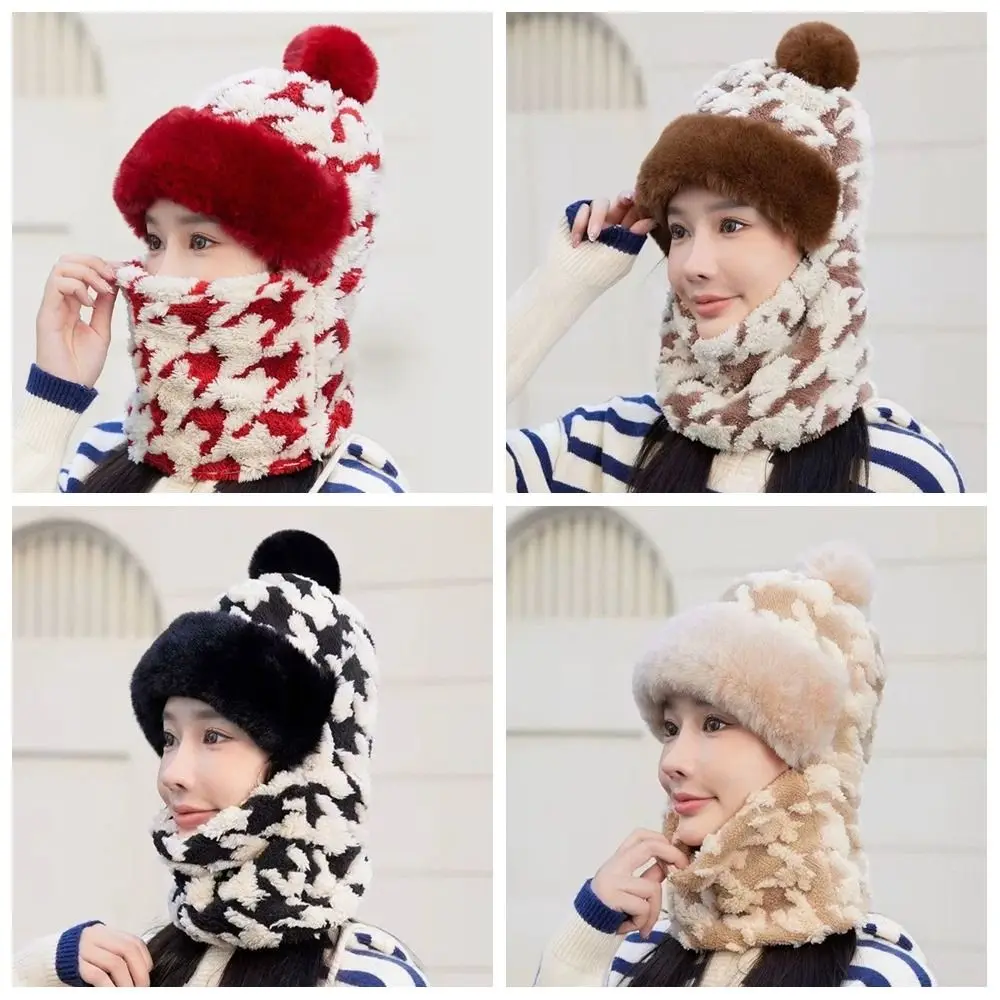 Máscara de esquí de felpa gruesa, bufanda, sombrero con patrón de pata de gallo, transpirable, 4 en 1, sombrero a prueba de viento, protección para los oídos, cubierta para el cuello, gorro para la cara