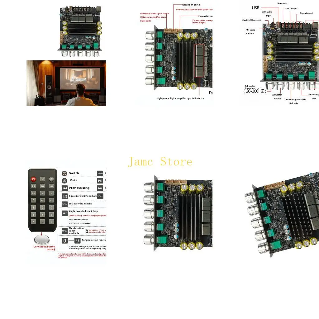 LX0B DIY Speaker Wireless Sound Power Module, 2.1 Speaker Output 12-30V Receiver Unit with Line-In USB Radio and Front Sound