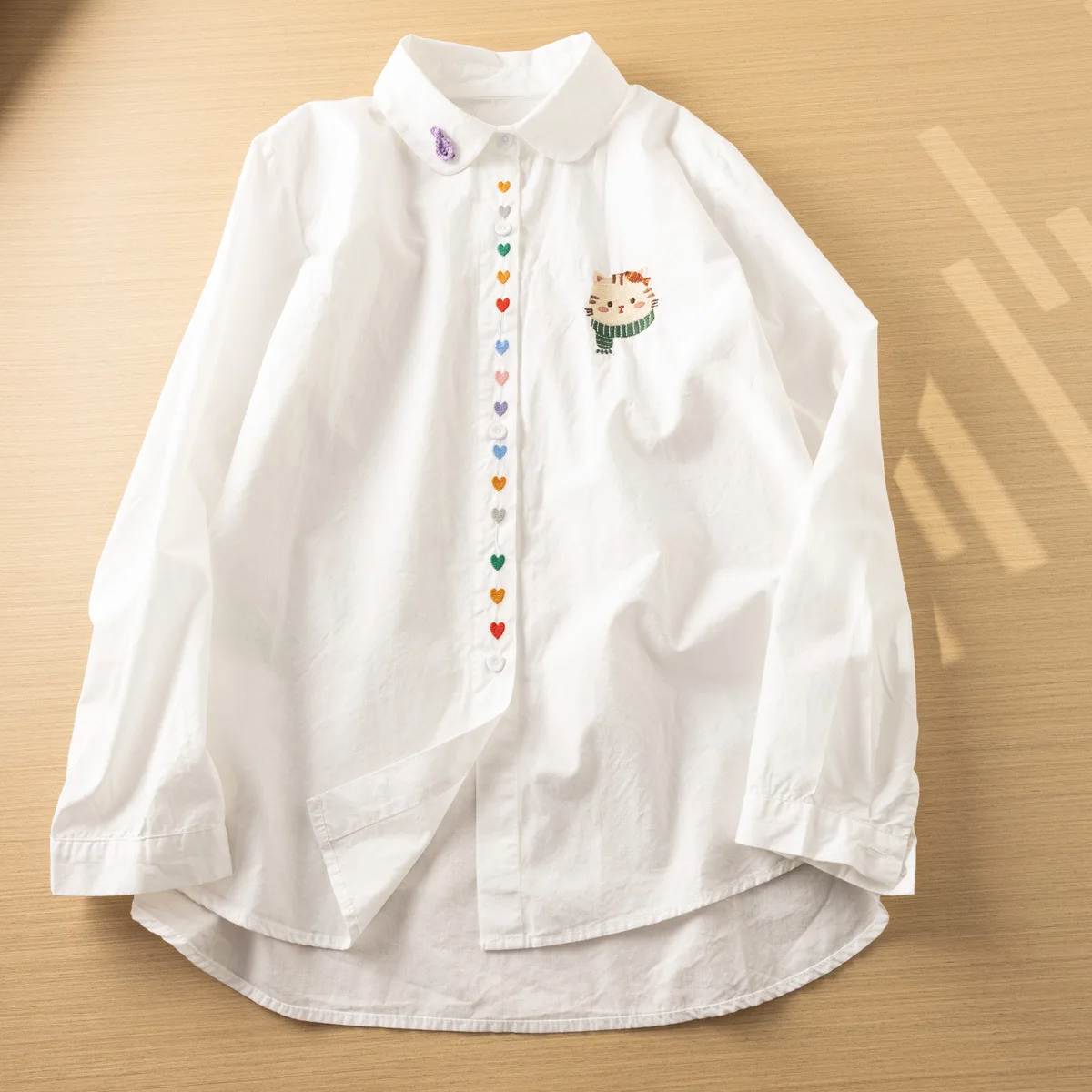 Japanese Sweet Mori Girl Striped Love Cat Embroidery Cotton Shirt Women Sprign Autumn Turn Down Collar Long Sleeve Casual Blouse
