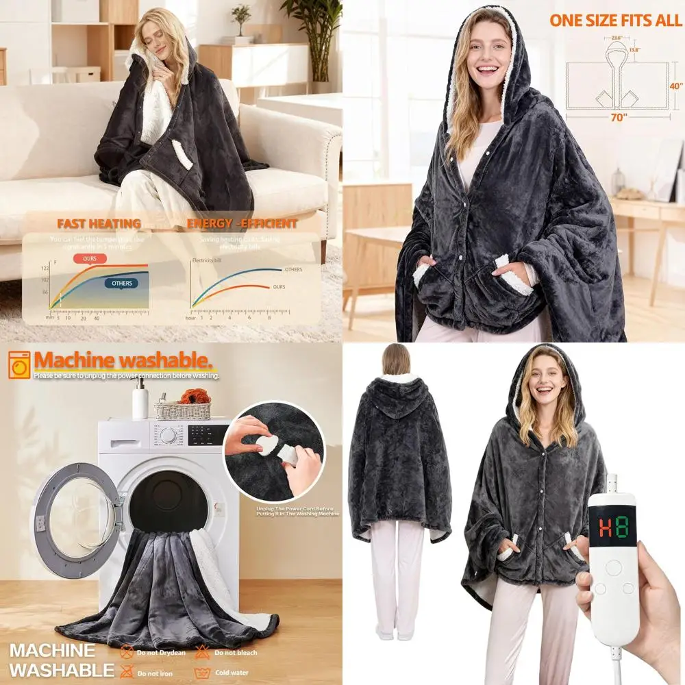 

Wearable Electric Blanket with 10 Heat Levels & 8-Hour Timer, Adult Hooded Poncho Shawl, 40x70