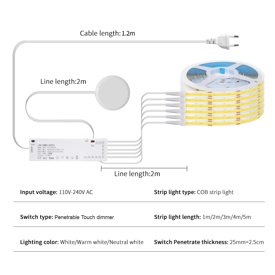 تحت الكابين جمع مصباح اللمس عكس الضوء COB LED قطاع ضوء تيار مستمر 12 فولت خزانة الكتب خزانة الشريط مع الاتحاد الأوروبي الولايات المتحدة الاتحاد الأفريقي المملكة المتحدة التوصيل #2