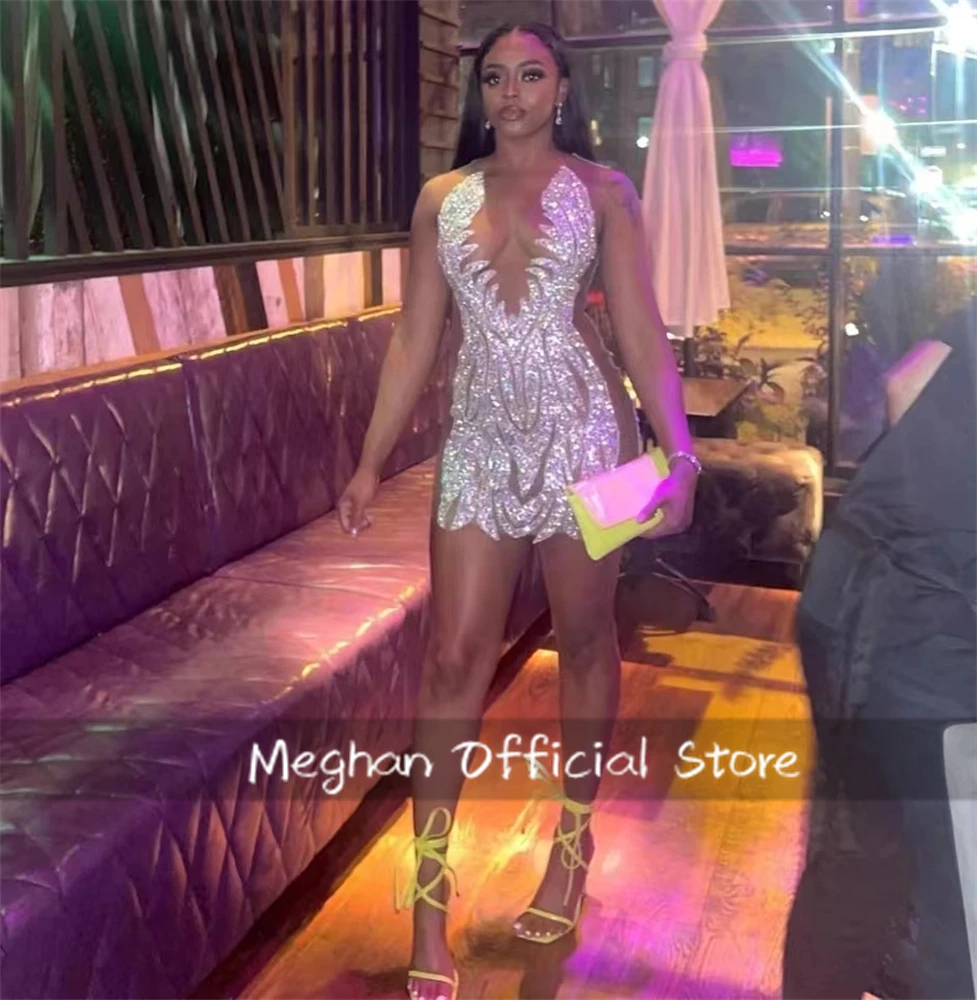 

Silver O N Short Prom Dresses Black Girls Bead Crystal Rhinestone 2025 Birthday Luxury Dress Mini Cocktail Homecoming Customized