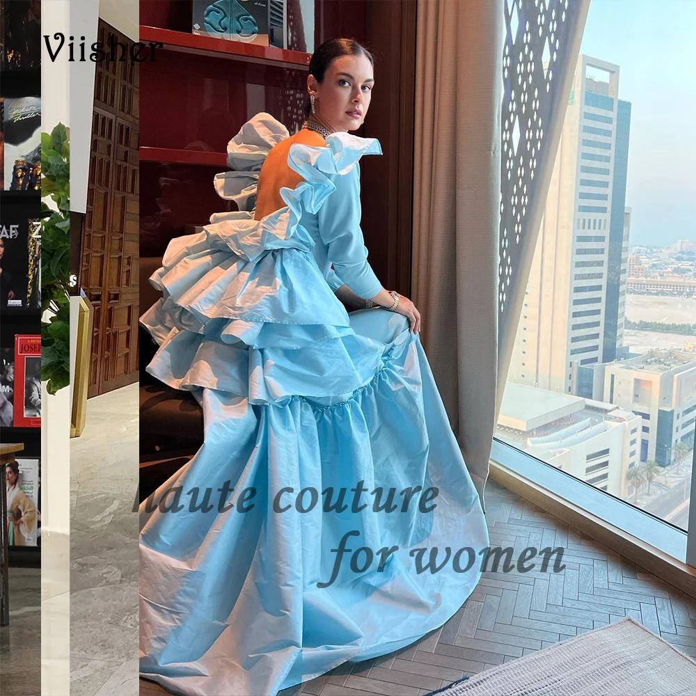 

Sky Blue Evening Dresses for Women Long Sleeve Arabic Dubai Formal Prom Dress Backless A Line Occasion Party Gowns