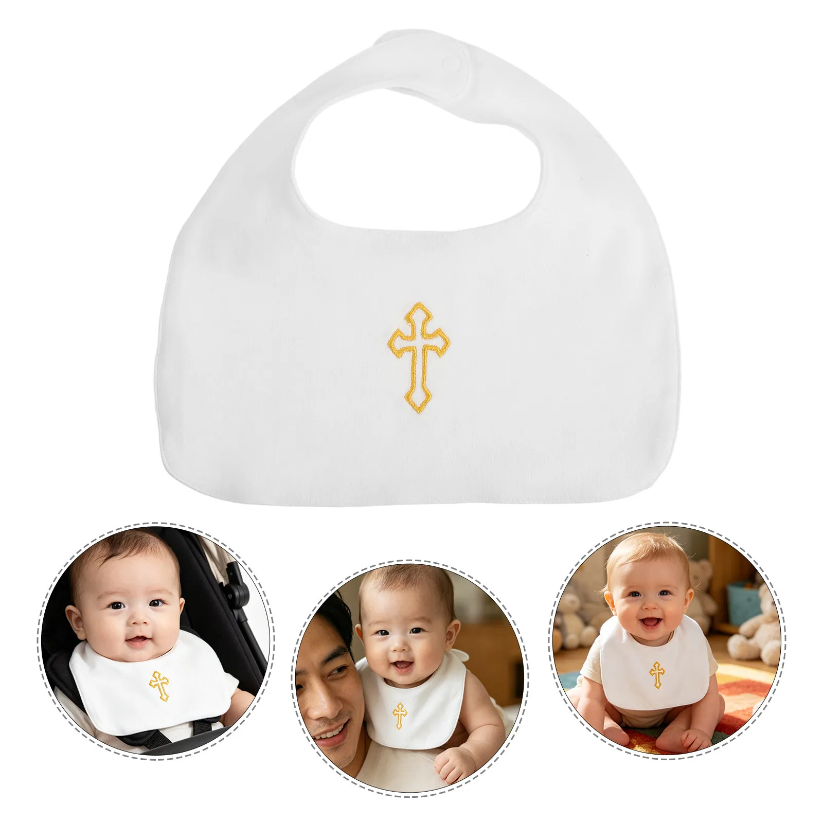 Cotton Baby Bibs White Baptism Drool Towel Snap Closure Adjustable Feeding Cloth for Boys Girls Ceremony
