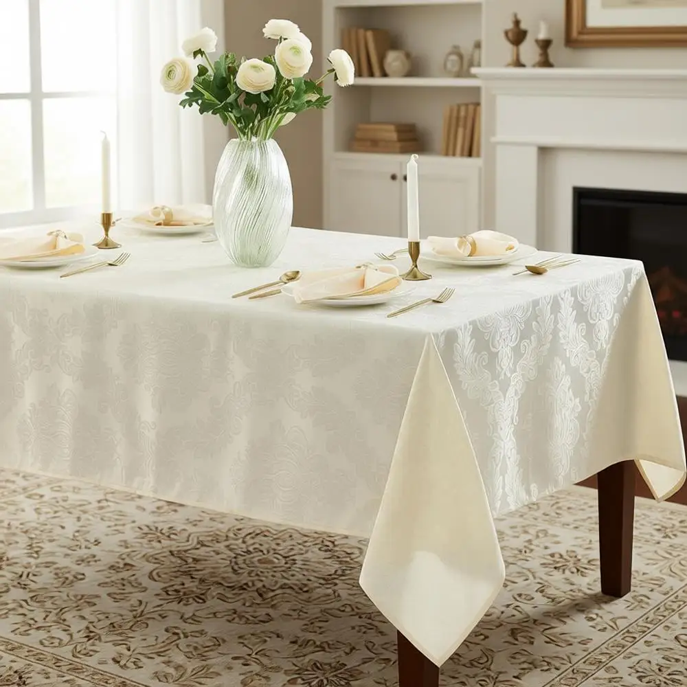 

Роскошная скатерть из полиэстера с дамасским узором, 60 x 144 дюйма, прямоугольная, цвет античный белый, устойчивая к складкам и пятнам, для обеденных залов и банкетов.
