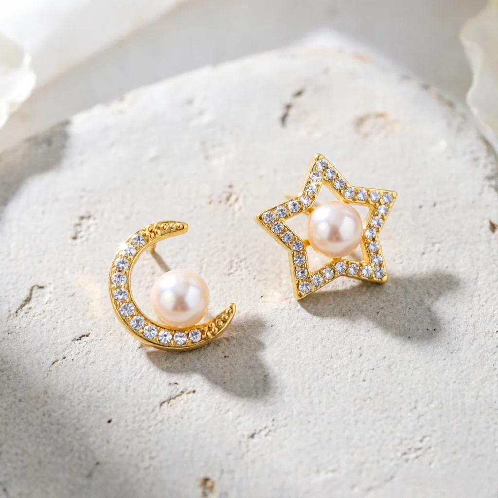 

Серьги JY ZuBo Romantic Star & Moon с персиковым жемчугом для женщин, натуральные пресноводные жемчужные пусеты, изысканные небесные украшения в подарочной коробке