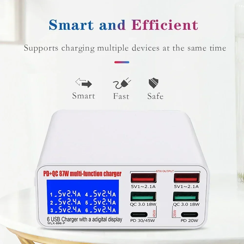 Estação de carregamento rápido inteligente, 6 portas, 40W, 896, 3.0 com display digital LED, adequado para iPhone, iPad, carregamento móvel