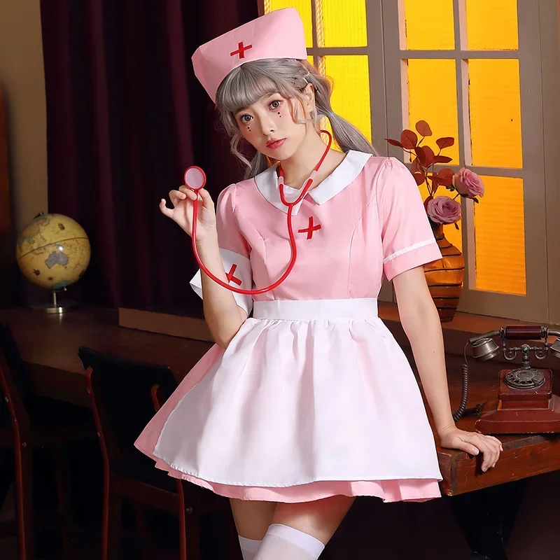 Summer Girls Pink Nurse Costume Nurse Maid Nursing Cosplay Costume Short Sleeve Sexy Dress Ladies Game Anime Medical Work Dress