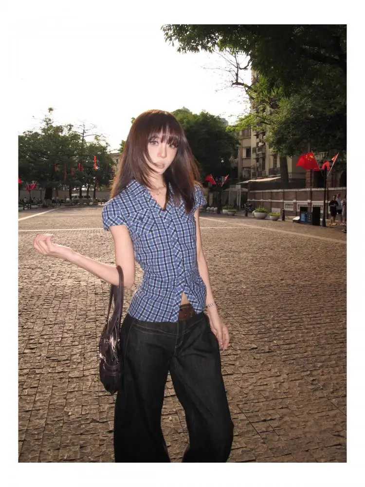 Seeslim Hotsweet bleu Plaid col rabattu chemise femme boutonné 2025 été hauts à manches courtes Blouse Vintage coréen Y2K