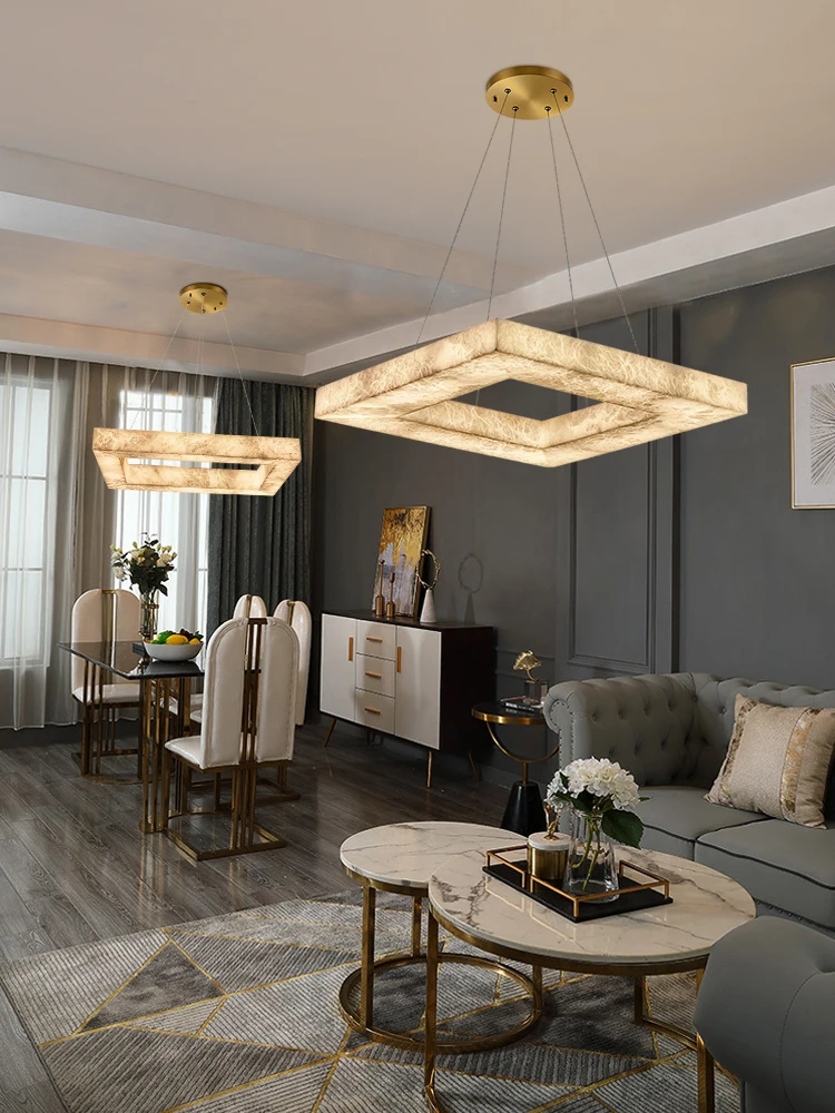 

Luxury Square Marble Chandelier Lighting For Living Room Dining Room Hanging Pendant Lights Spanish Natural Marble For Showroom