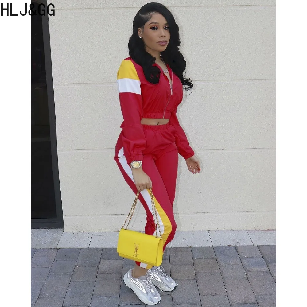 HLJ&GG Casual Color Patchwork Jogger Pants Tracksuits Women Zipper Long Sleeve Crop Top+Pants Two Piece Sets Female 2pcs Outfits