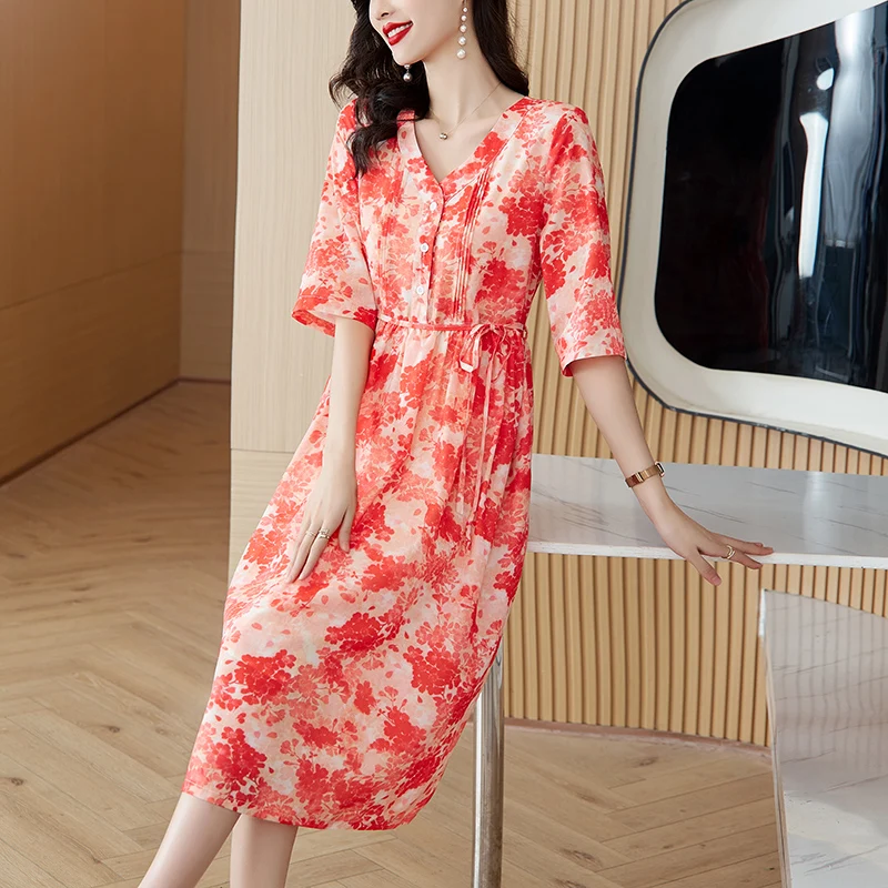 

2024 Summer New Pink Ramie Flower Print Dress Women's Short Sleeve V-Neck Loose Large Belt Waist Slim Knee Length Dress Gown