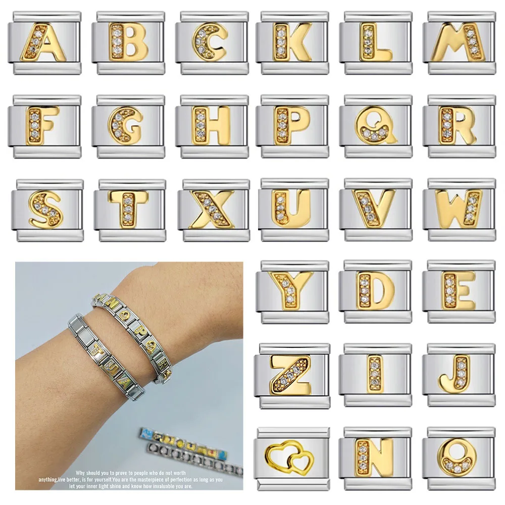 موضة جديدة بأحرف أولية A-Z 26 أساور أبجدية مطلية بالذهب من الفولاذ المقاوم للصدأ وصلات إيطالية 9 مللي متر لتقوم بها بنفسك للنساء والرجال #3