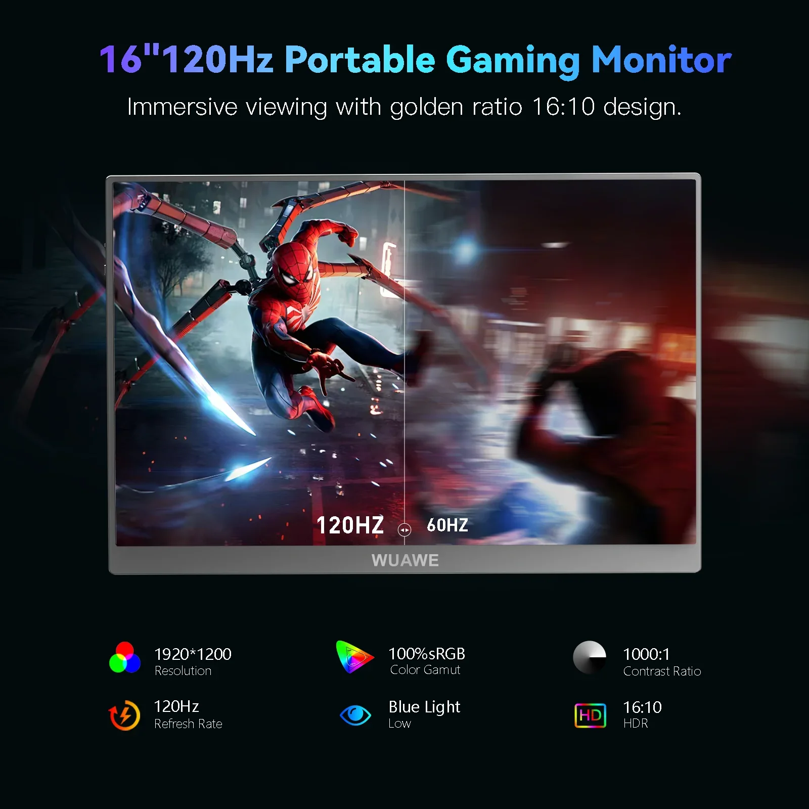 16 "120HZ Gaming Afor Laptop, Layar PC 16 Inci 1200P IPS LCD FHD Layar Komputer Kedua Eksternal untuk Ponsel