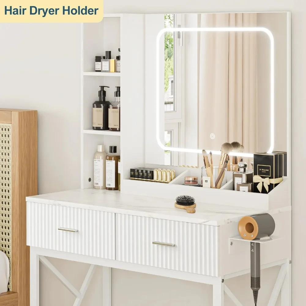 Vanity Desk moderno con specchio, Vanity per trucco per adulti con luci LED regolabili tricolore, 2 cassetti, 3 ripiani per camera da letto