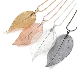 Fashion True Natural Real Leaves Leaf Pendant Necklace Long Sweater Snake Chain For Women Jewelry Gift