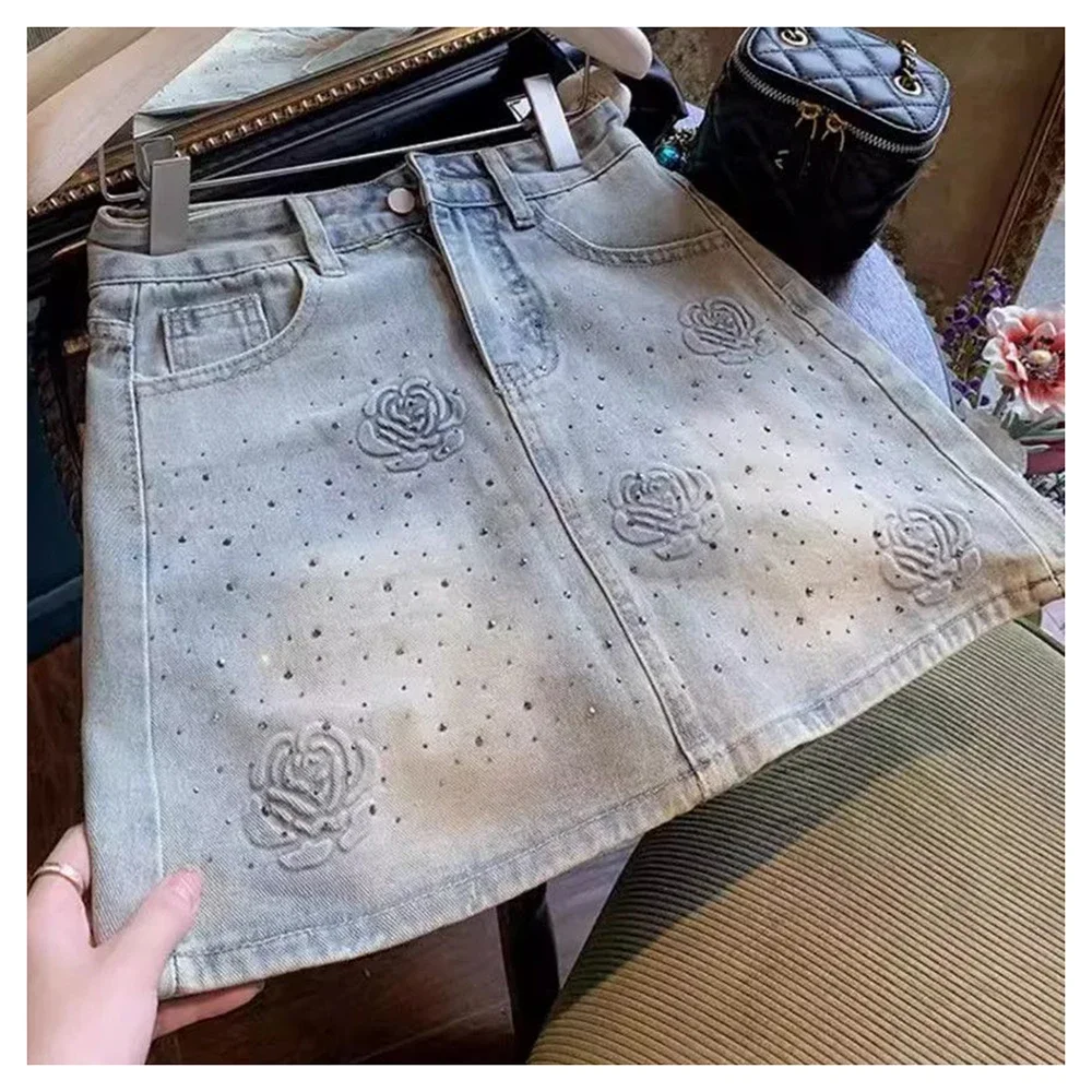 Hot stamping denim short skirt, summer heavy-duty full diamond starry rose anti glare A-line hip wrap skirt