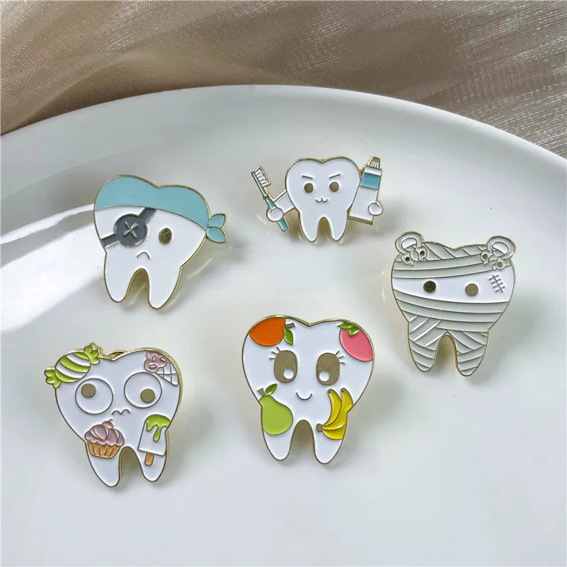 Cute Fruit Candy Teeth Enamel Brooch Creative Bandage Tooth Fairy Decay Brush Collar Badge Friends Pins Gifts Jewelry