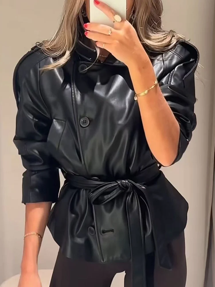 TFMLN Vrouwen Nieuwe Mode Imitatie Leren Jas Retro Lange Mouw Riem Jas Jas Casual Revers Button Up PU Bovenkleding Herfst
