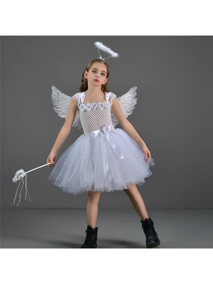 Halloween Sparkling Guardian White Angel Costume Cosplay for Girls Child Tutu Dress   Wings   Halo Wand Full Set 2-12Y