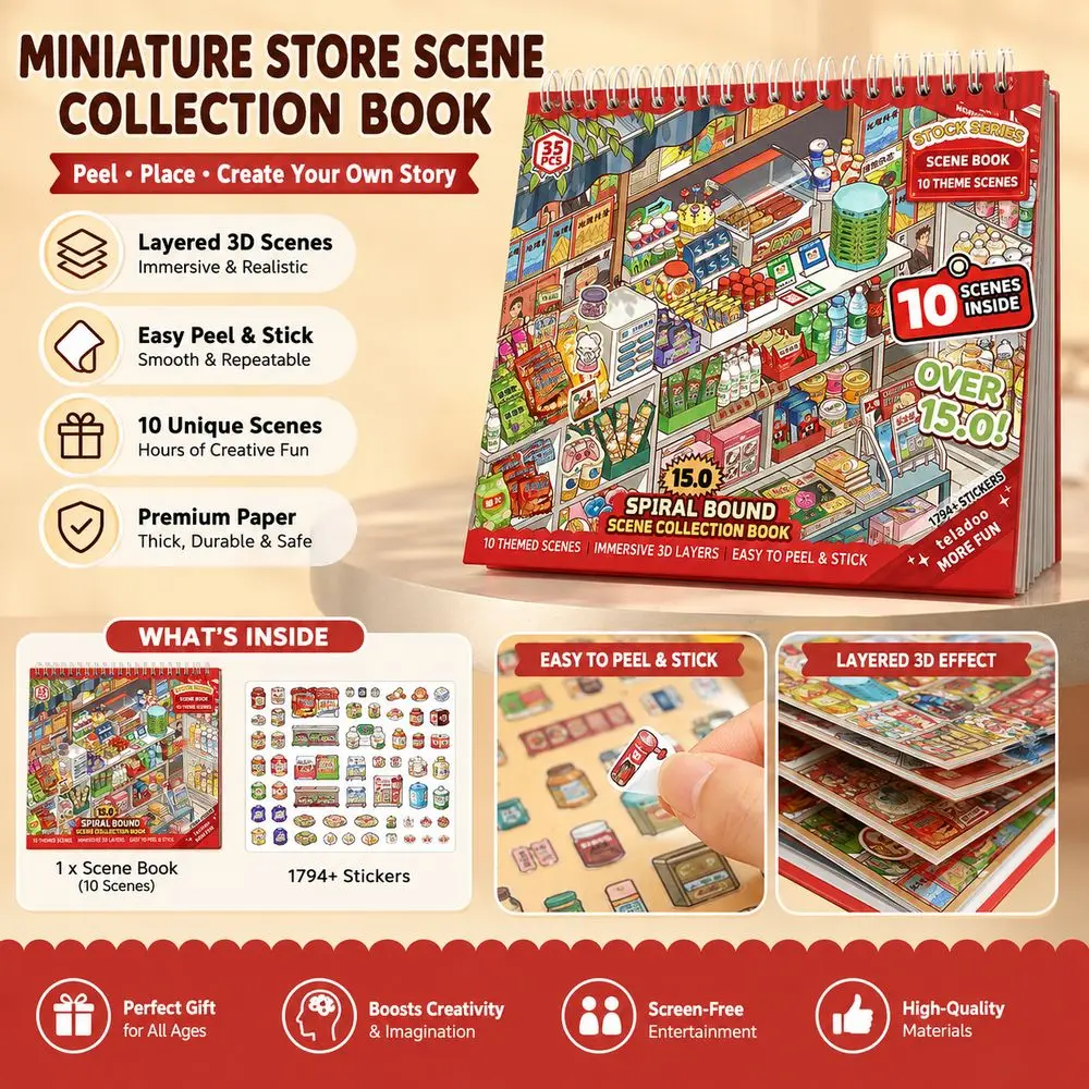 Spiral Bound Miniature Scene Book Layered Scene Colorful Illustrations 3D Scenery Stickers Store Theme 3D Scene Book