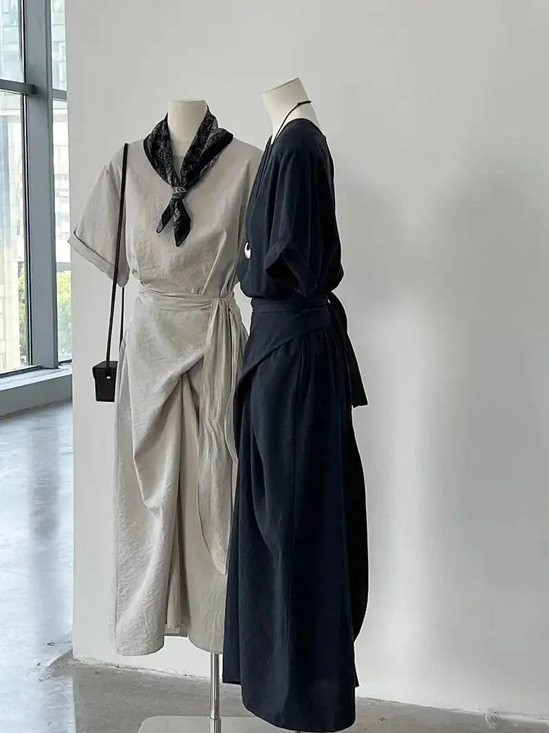 عبر التعادل قصيرة الأكمام فستان طويل الصيف الخصر التخسيس ألف خط تي شيرت فستان عادية الكورية فساتين النساء 2025 جديد 3EEA