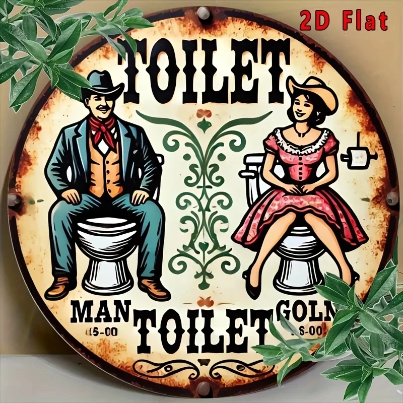 2D Flat, 1 Piece Vintage Aluminum Toilet Sign - Country-Style Wall Decoration with 