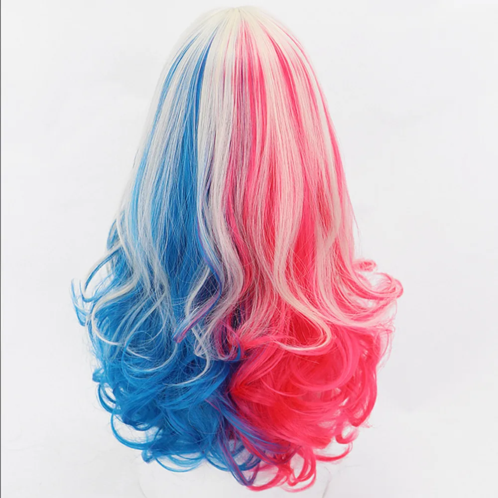 Joker Girl Cosplay Wig Pink & Blue Two-Tone Double Ponytail Middle Part Long Curly Hair for Halloween