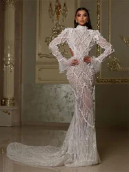 Luxurious Long Sleeve Wedding Dresses 2024 Elegant Backless Bridal Dresses Glamorous Mermaid Floor Length Gown Vestido De Novia