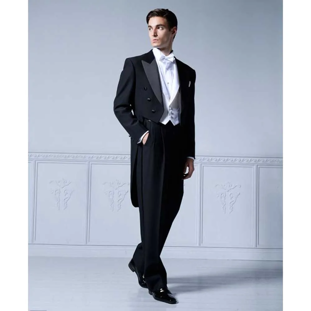 Formal Wedding Party Groom's Suits Notch Lapel 3 Piece Black Jacket Pants White Vest Male Clothing Business Gentleman Tuxedo Set