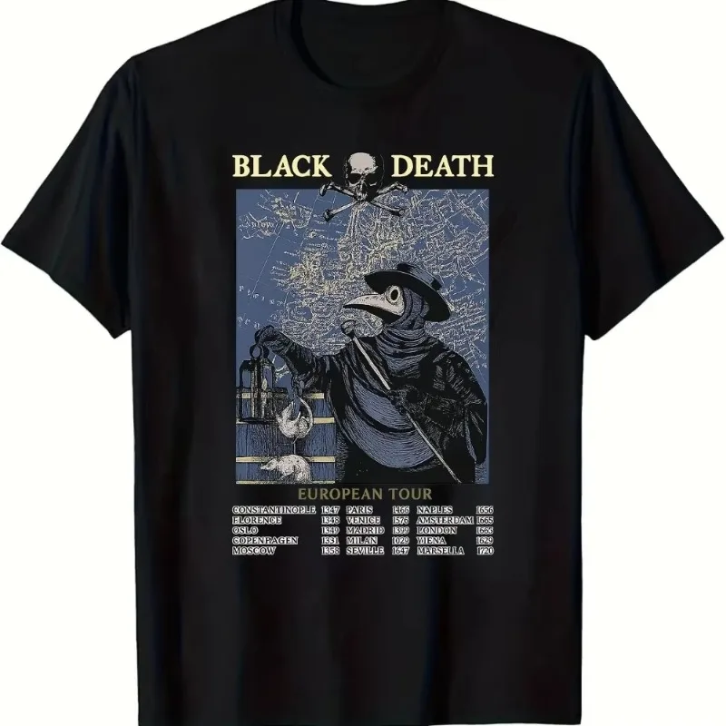 Male Plague Doctor Black Death European Tour Pattern T-shirt Short Sleeve Retro Historical Design Skull Satirical T-shirt
