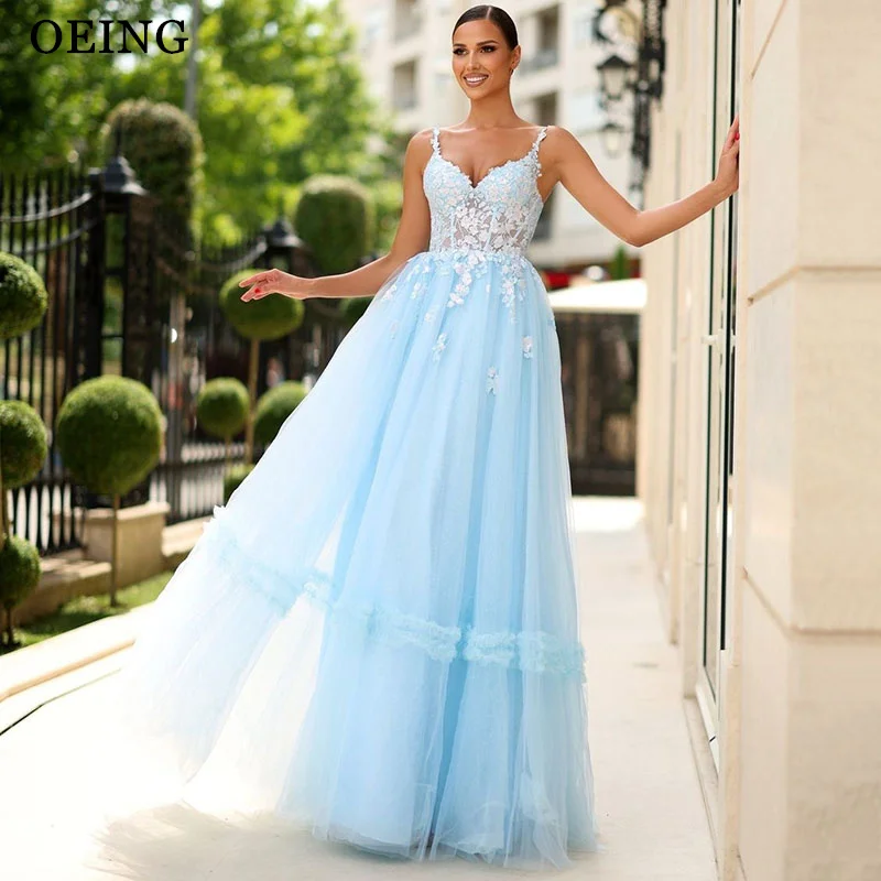 

OEING Light Blue A-Line Princess Prom Dresses Spaghetti Strap Applique Party Gowns Sexy Floor-Length Soft Tulle Dress Customized