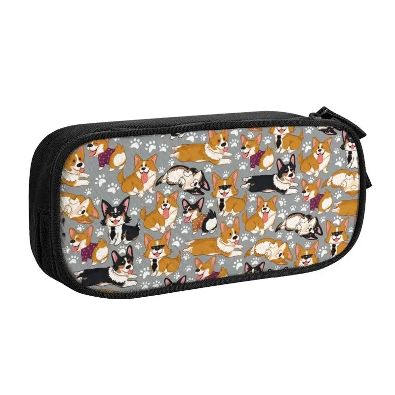 Light Grey Mixed Corgi Pattern Korean Pencil Cases Girls Boys Large Storage Pencil Bag Pouch Students Stationery