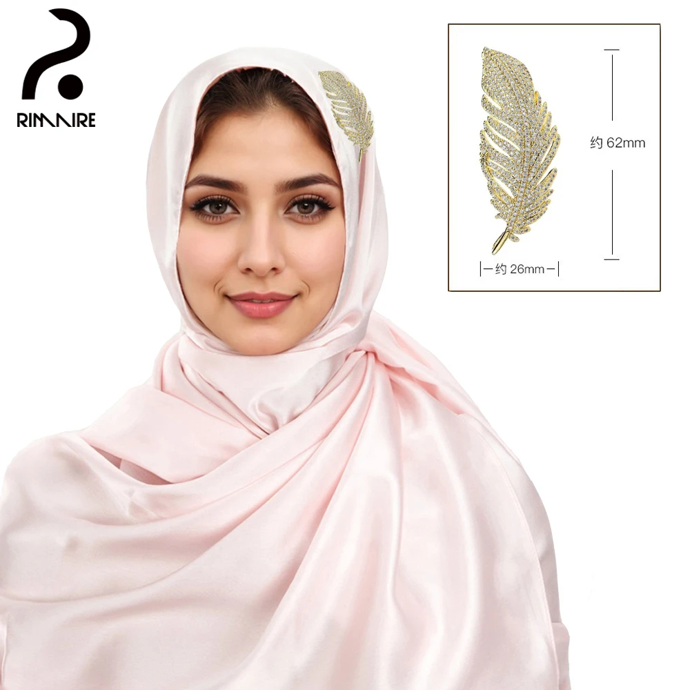 Pink Silk Hijab for Women with Feather Brooch Set Newest Solid Turban Elegant Ladies Headscarf Shawl Wrap Gift Wholesale RIMAIRE