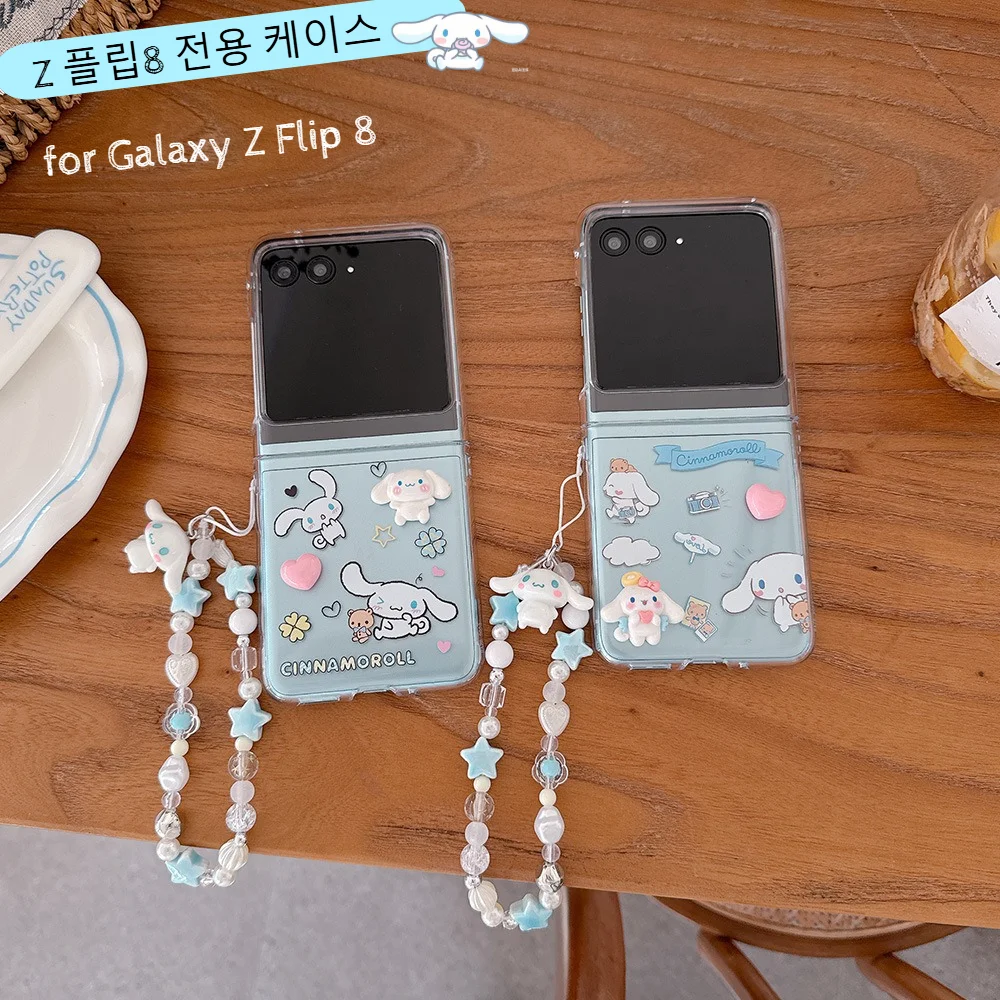 Korean INS Sanrio Cute Cinnamoroll Case for Samsung Galaxy Z Flip 8 7 6 5 Slim Portable Strap Decorate Shockproof Protect Cover