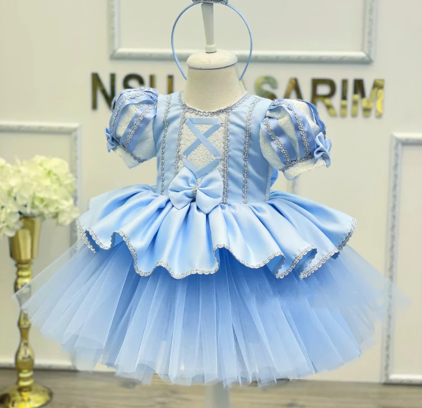 Vestido de fiesta de año nuevo para niña, tutú de tul Rosa esponjoso con lazo, vestidos de Navidad para niño, primer cumpleaños infantil, vestido de baile de princesa