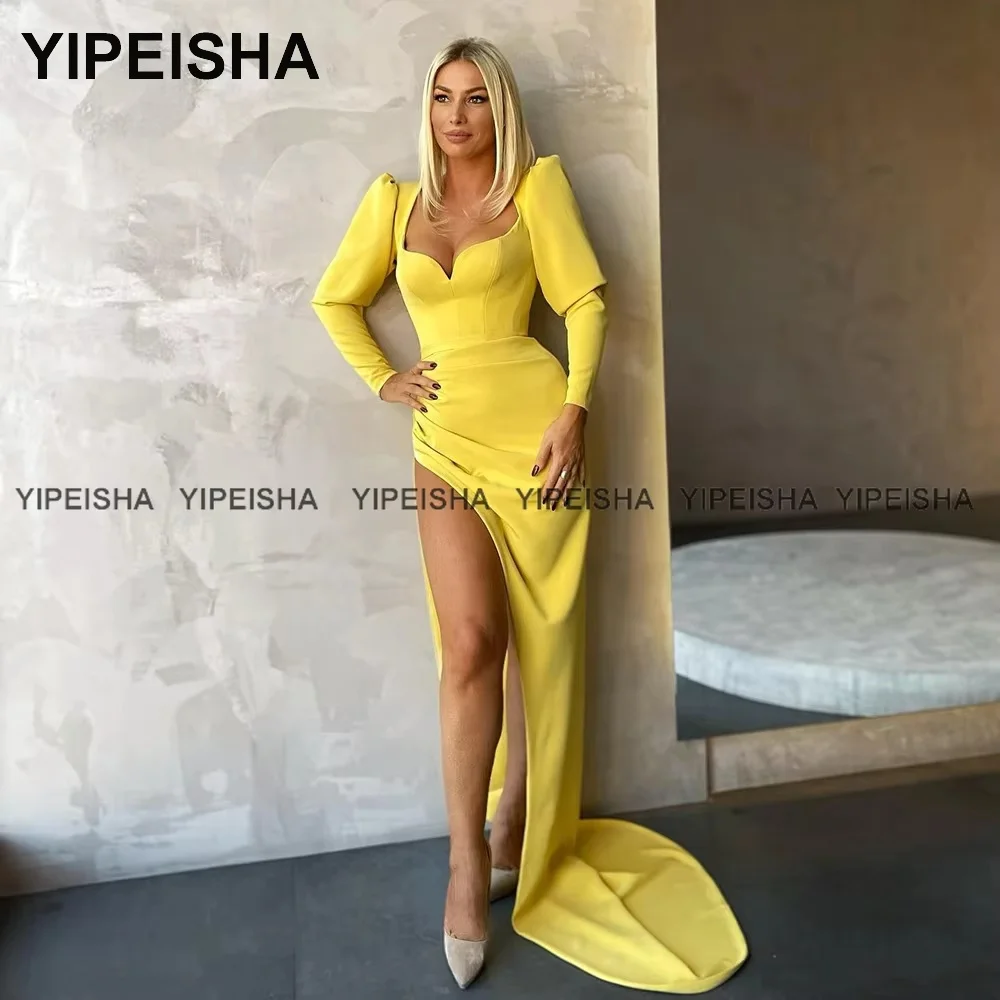 

Customized Long Sleeves Prom Dresses Mermaid Side Slit Party Gown Yellow Special Occasion Dresses for Banquet Robe de Soiree