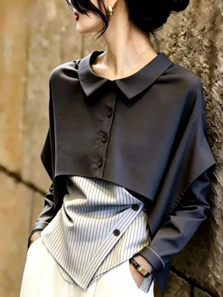 Gray Casual Elegant Fashionable Simple Design Commute Inspired Women's Top Trendy Slimming Style Asymmetric  Neck Shirt