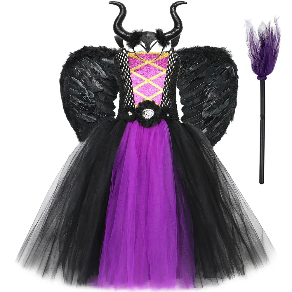 Witch Costume for Girls Halloween Tutu Dress Evil Queen Maleficent Witch Costumes Toddler Kids Carnival Party Dress Up Clothes