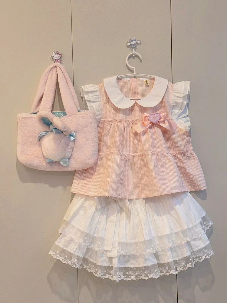 

2025 Розовый сладкий студенческий стиль T2 Piece Set Kawaii Design Топ с летающими рукавами + белая юбка Костюм Летний новый бант Повседневные вечерние комплекты