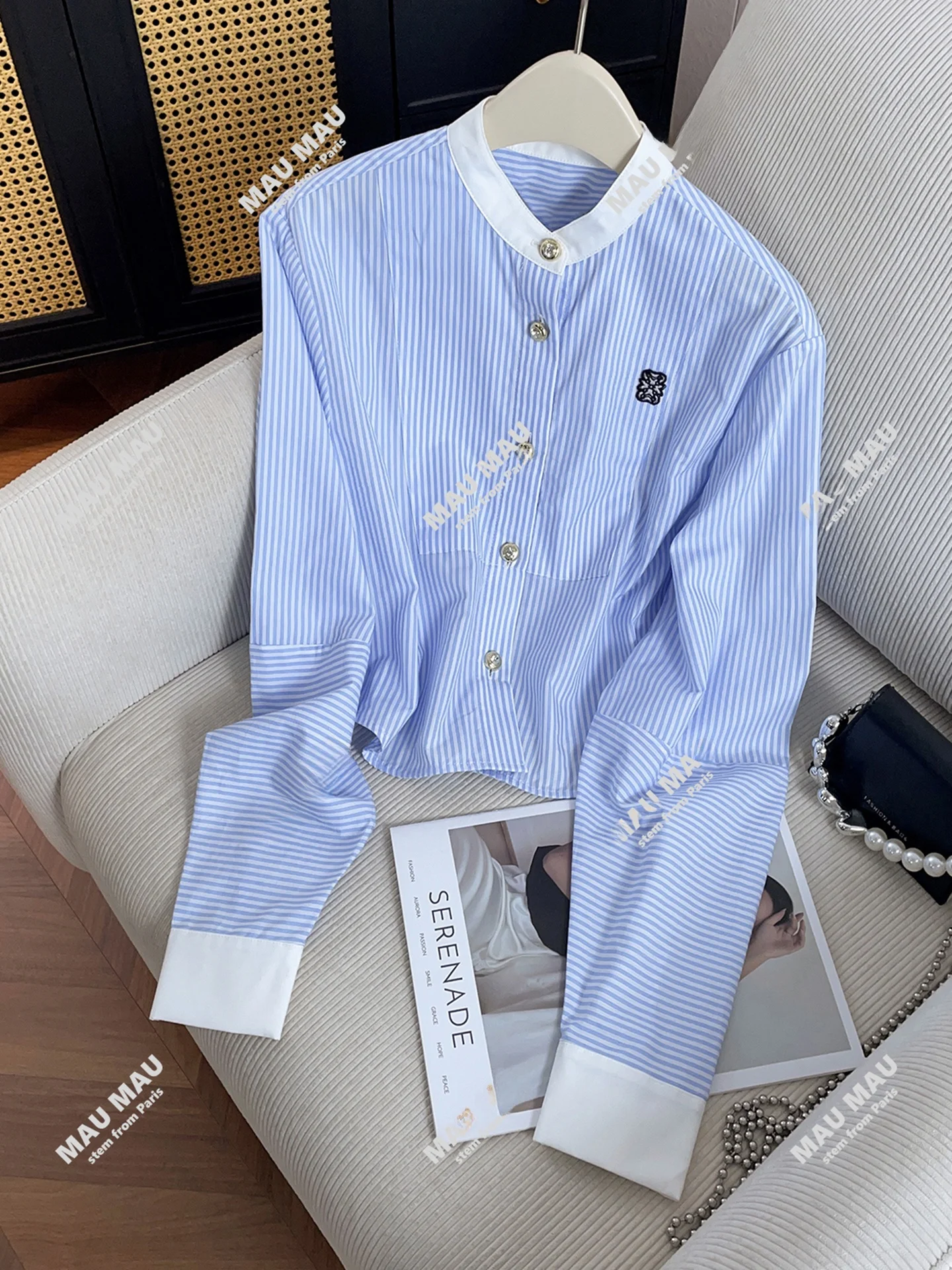 

High-End Women's Striped irt Collar Stand-Up Autumn New Sle Commute Simple Loose Fit Long Sve ort Length Button Crt