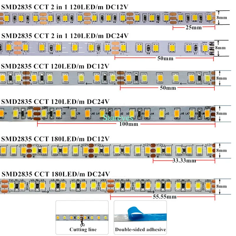 Tira de luces LED SMD2835 CCT 120, 180, 240, 5m, DC12V, 24V, WW CW, 2 en 1, cinta de temperatura de Color Dual ajustable