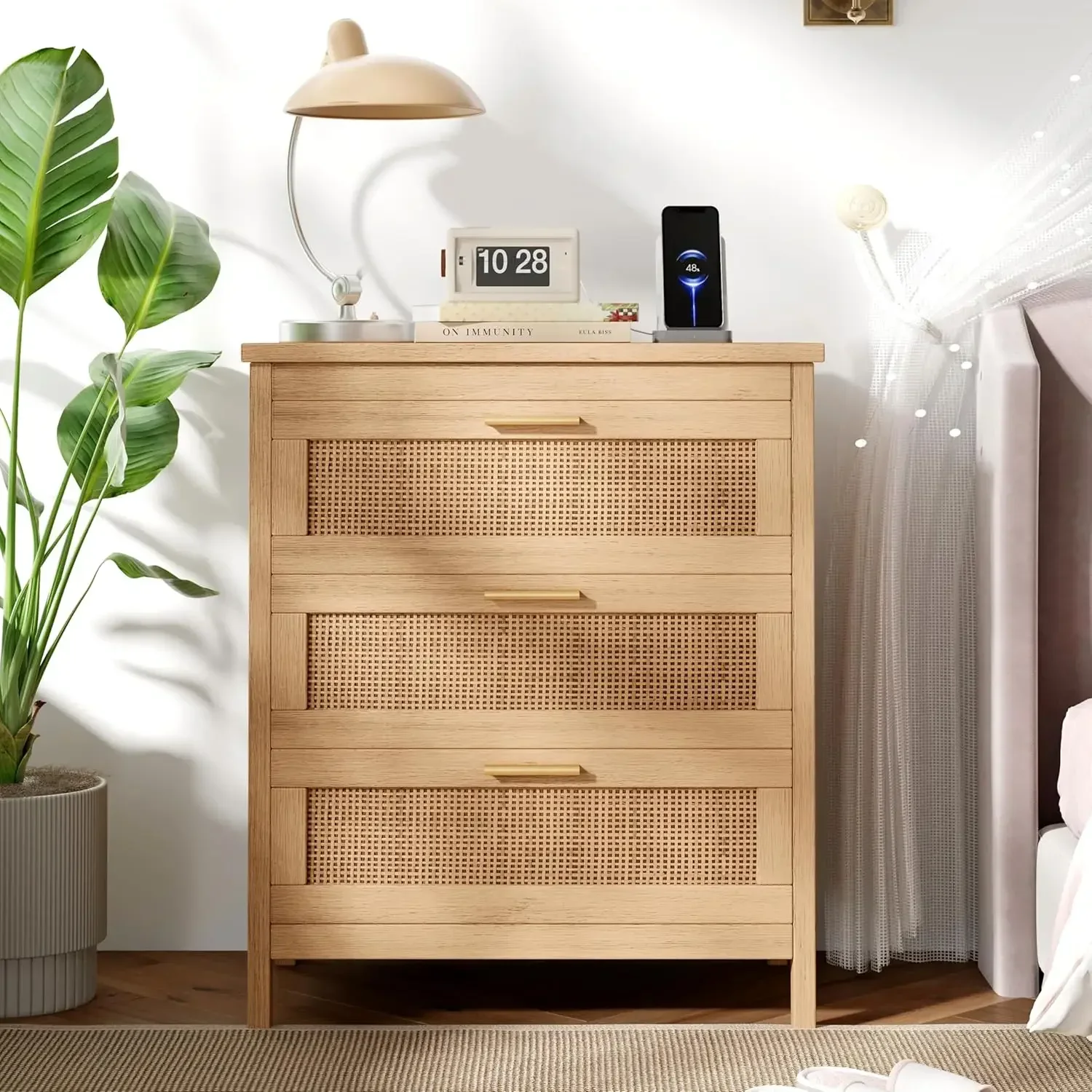 Natural Boho Rattan Nightstand Bedside Table End Table With Charging Station Three Drawers Metal Handles