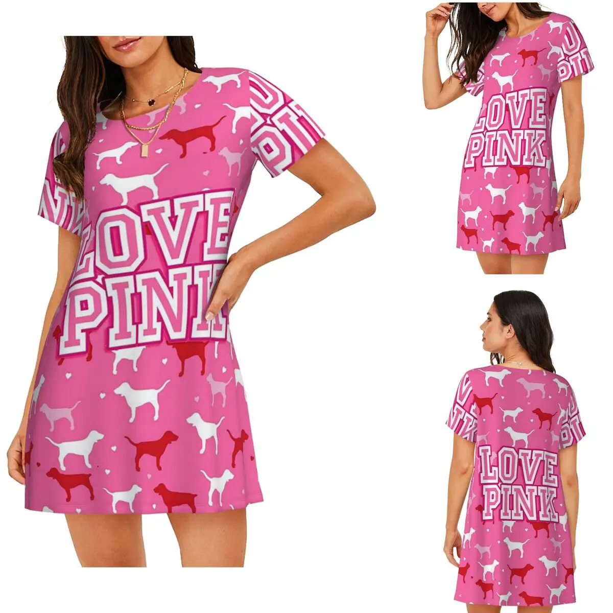Custom Love Pink Short Sleeves Nightdress For Sleeping Sleepshirts Women Short Sleeve Nightgowns Soft Pajama Dress