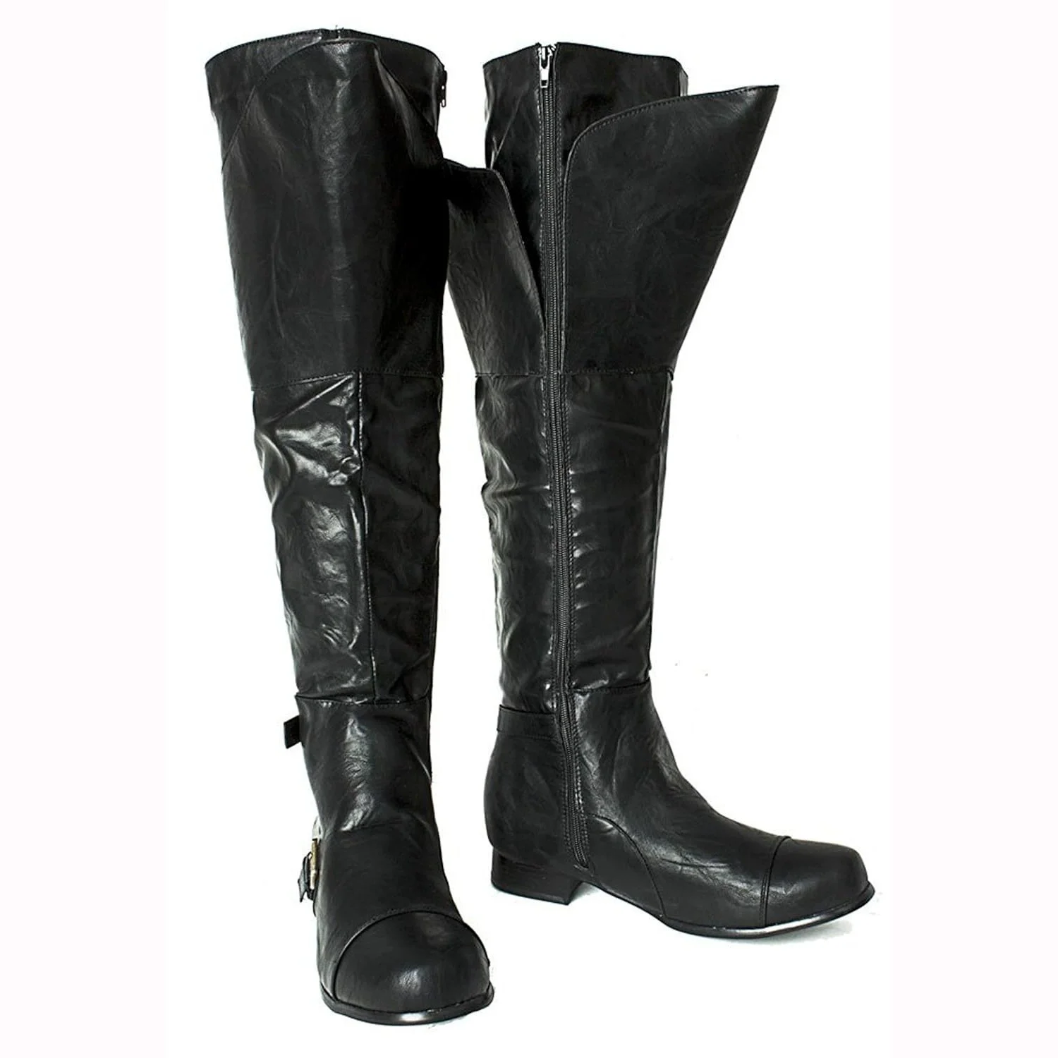 Men's Fold Flare Cuff Knee High Pirate Boots Dual Antique Brass Buckle Straps Round Toe Low Block Heel Medieval Cosplay Footwear